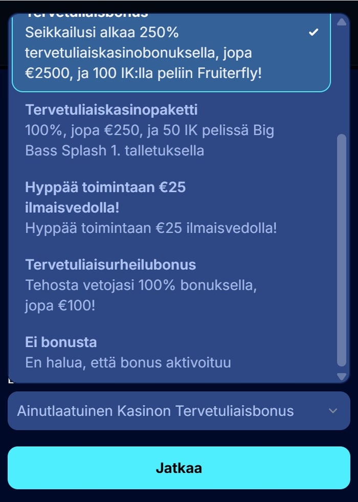 Andromedasinon bonusvalikko auki: 250 % kasinobonus, 100 % tervetuliaiskasinopaketti, 25 euron ilmaisveto, urheilubonus ja Ei bonusta.