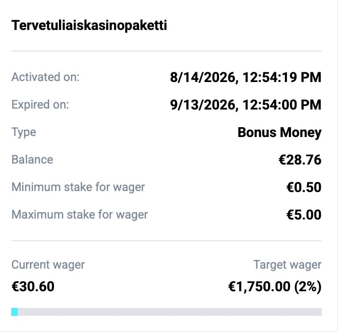Kierrätysmittari näyttää, että bonuksen kierrätys on edennyt 2 prosenttia 30,60 € pelaamisen jälkeen.