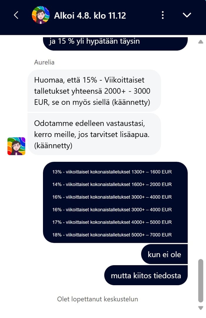 Andromedasinon live-chat, jossa asiakaspalvelija väittää 15 %:n cashback-portaan olevan sivulla, vaikka kampanjasivun listasta se puuttuu