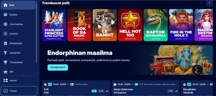Andromedasinon etusivu: sivupalkin valikko, Trendaavat pelit -karuselli ja live-vedonlyöntikohteita..