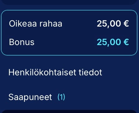 Andromedasino saldo näyttää talletuksen ja bonusrahan määrät erikseen.