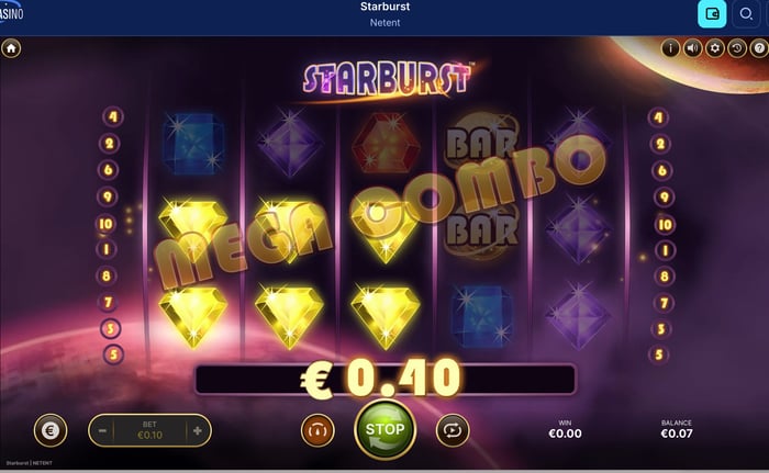 Andromedasino Casinon Starburst-pelin 0,40 € voitto.