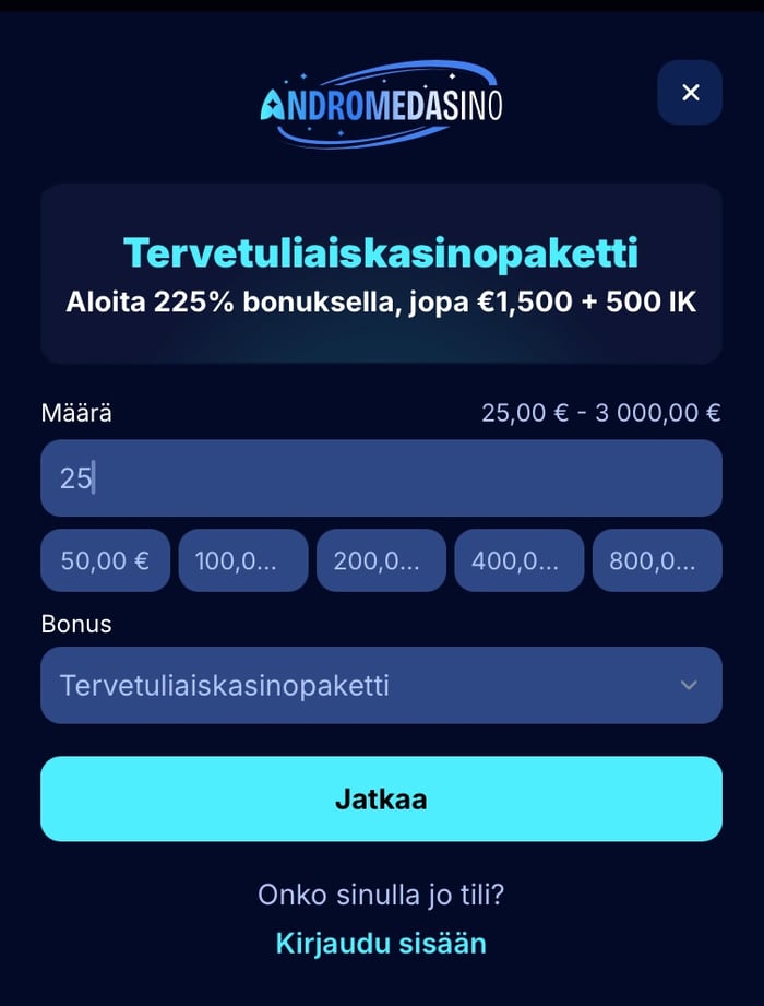 Andromedasino Casinon ensimmäinen talletus tehdään etusivun talleta ja pelaa -ikkunasta.