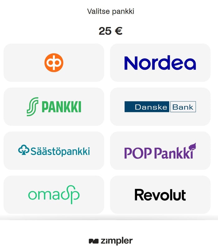 Andromedasinon talletusnäkymä, jossa valitaan pankki: OP, Nordea, S-Pankki, Danske Bank, Säästöpankki, POP Pankki, OmaSp ja Revolut.