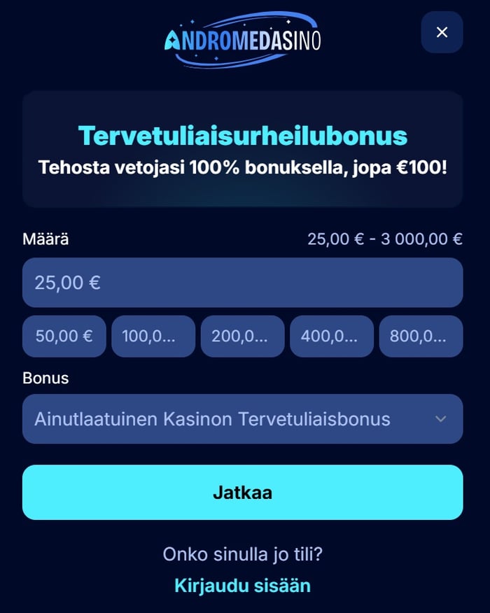 Andromedasinon rekisteröitymisnäkymä: banneri mainostaa urheilubonusta, mutta alasvetovalikossa on valittuna kasinobonus.