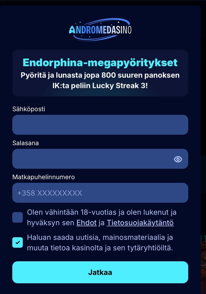 Andromedasino Casinolle rekisteröityminen viimeistellään syöttämällä sähköposti ja puhelinnumero, keksimällä salasana ja hyväksymällä käyttöehdot.