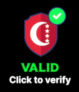 Anjouan Gaming -lisenssin vihreä VALID-sinetti, Komorien puolikuu ja tähdet punaisessa kilvessä.