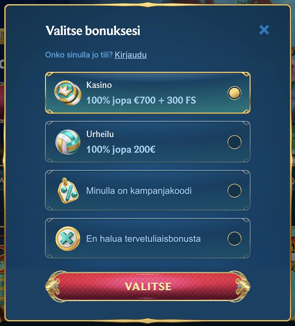Valitse bonus pelaamiseen alkuun Aquawin kasinolla