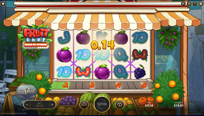 Kuvakaappaus Fruitshop-pelistä 0,14 euron voitolla.