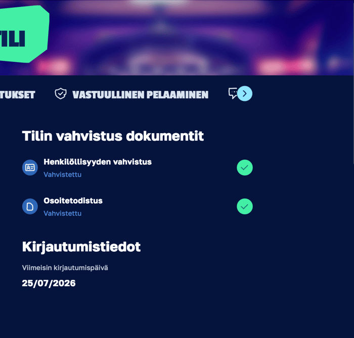 Näkymä vahvistetusta pelitilistä Arctic Casinolla.