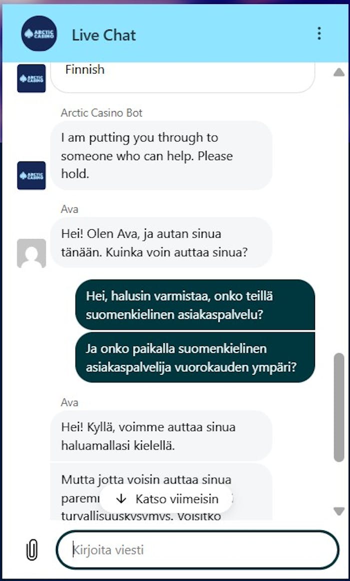 Suomenkielinen vastaus Arctic Casinon live-chatissa.