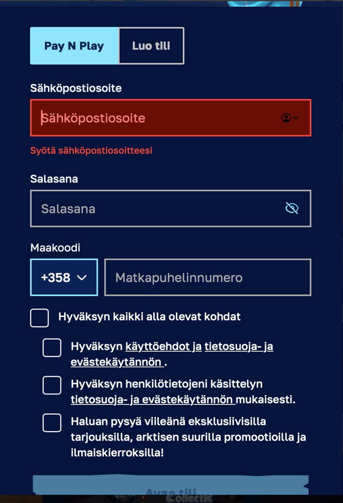 Sähköpostiosoitteen ja salasanan syöttäminen Arctic Casinolle.