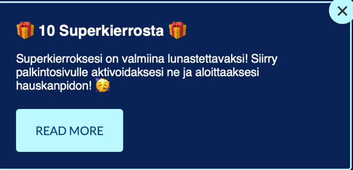 Arctic Casinon 10 superkierroksen tarjous ja Lue lisää -nappi.