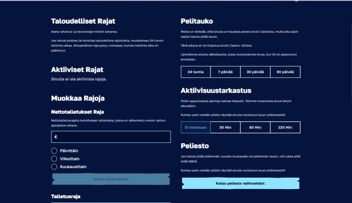 Vastuullisen pelaamisen työkalut Arctic-kasinolla.