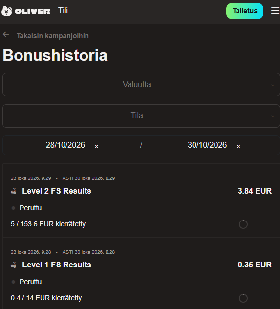 VIP-tasojen 1 ja 2 ilmaiskierrosvoitot bonushistoriassa: 0,35 € ja 3,84 €, kierrätystä tehty 0,40 € ja 5 €.