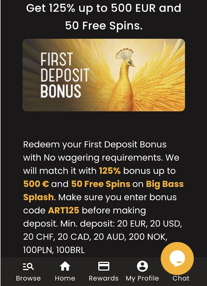 Voit lunastaa mukavan tervetulobonuksen Art Casinolta