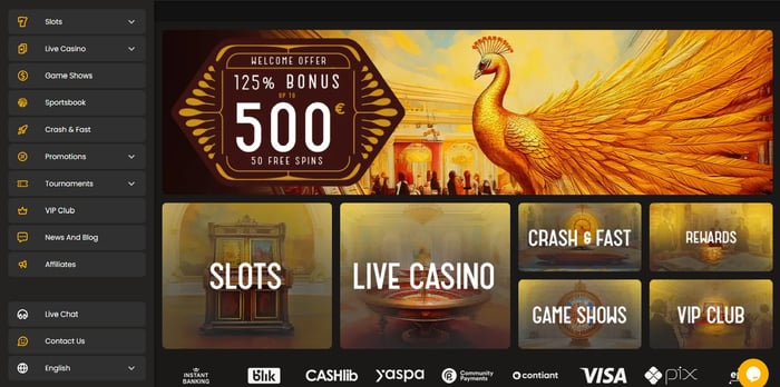 Art Casino etusivu näyttää 125 % bonuksen 500 € ja 50 ilmaiskierrosta.