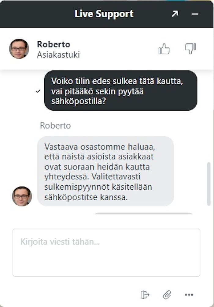 Wyns asiakaspalvelu ei vastaa suoraan kysymykseen chatissa