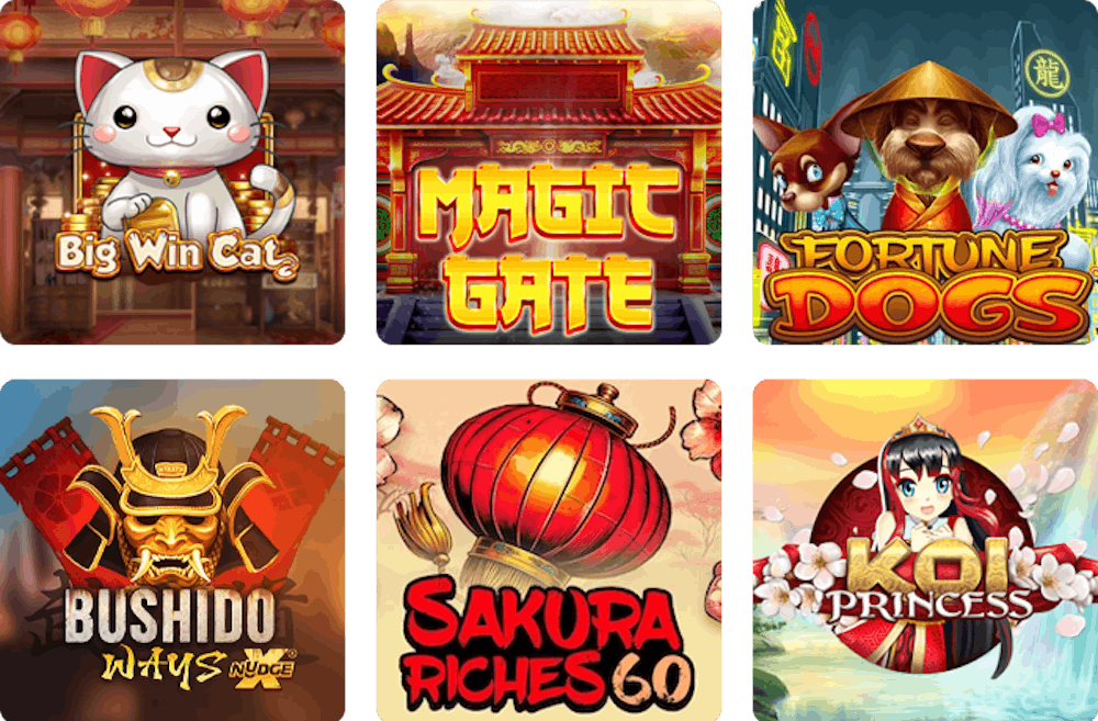 Slotteja Aasia-teemalla, esimerkiksi Magic Gate ja Fortune Dogs.