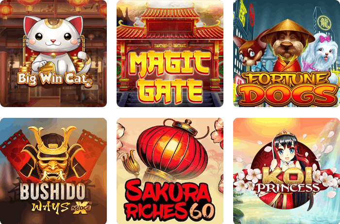 Slotteja Aasia-teemalla, esimerkiksi Magic Gate ja Fortune Dogs.