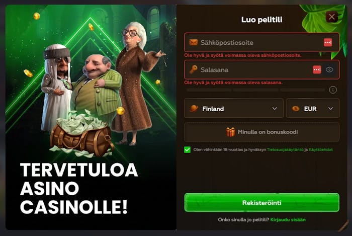 Asino Casinolle kirjaudutaan sähköpostiosoitteella ja salasanalla.