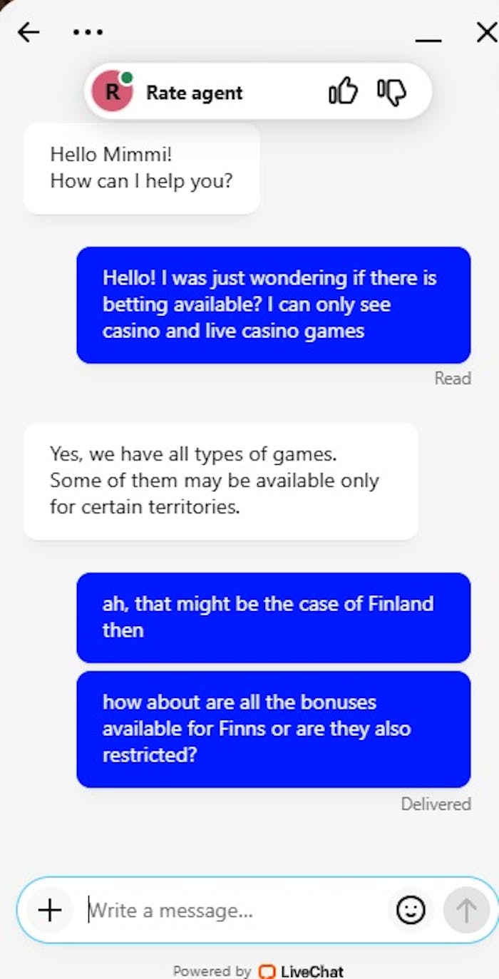 Asino Casino livechat urheiluvedonlyönnistä ja bonuksista suomalaisille pelaajille.