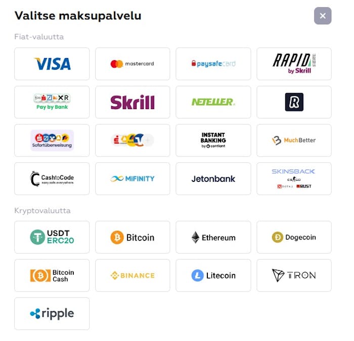 Asino Casino talletustavat lajitellaan Fiat-valuutan ja kryptovaluutan mukaan.