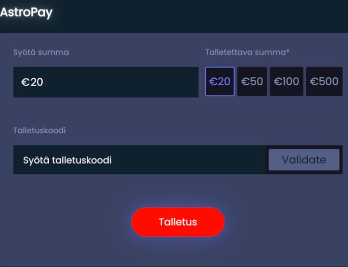 Astropay-talletus kasinon talletusikkunassa