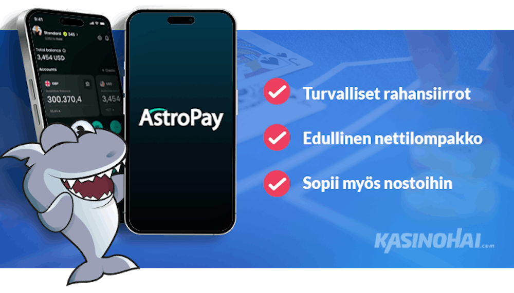 AstroPayn ominaisuuksia nettikasinoilla, kuten turvalliset rahansiirrot ja edullinen kulurakenne. 