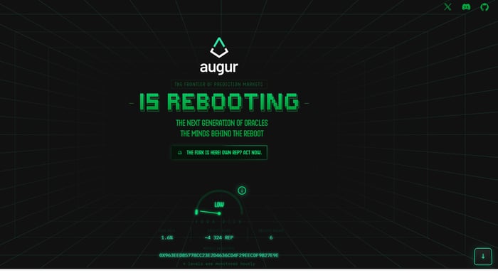 Musta‑vihreä, futuristinen Augur‑sivun näkymä, jossa kerrotaan projektin “is rebooting” ‑uudelleenkäynnistyksestä ja näytetään forkkiriskiä kuvaava mittari.