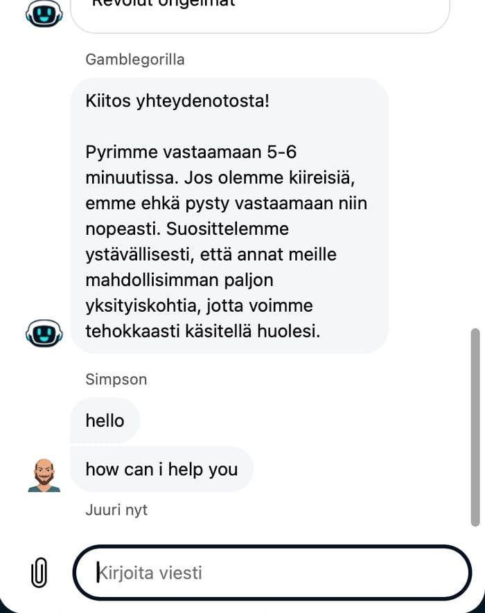 Gamblegorilla Casinon asiakaspalvelussa oli jonoa, ja tuki liittyi linjoille noin seitsemän minuutin kuluttua.