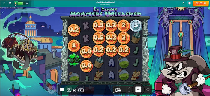 Pelinäkymä Le Bandit Monsters Unleashed -kolikkopelistä, jossa on käynnissä 9,72 euron voitto.