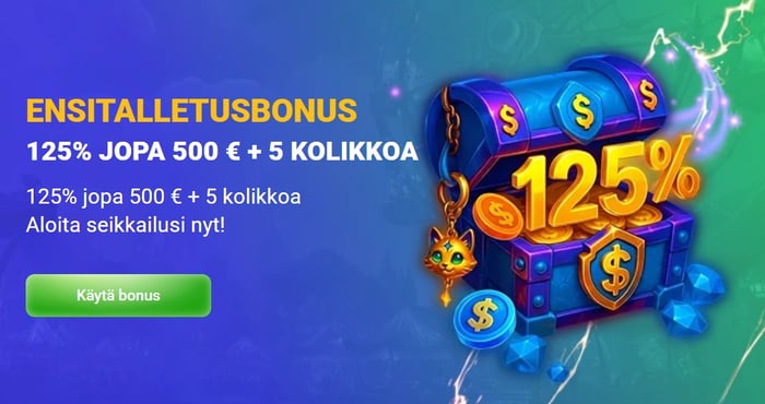Azurslotin ensitalletusbonus on 125 % bonus jopa 500 euroon sekä 5 kolikkoa.