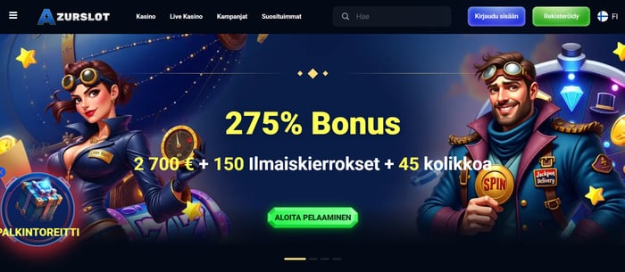 Azurslotin etusivulla maonostetaan 275 % tervetuliaisbonuspakettia.