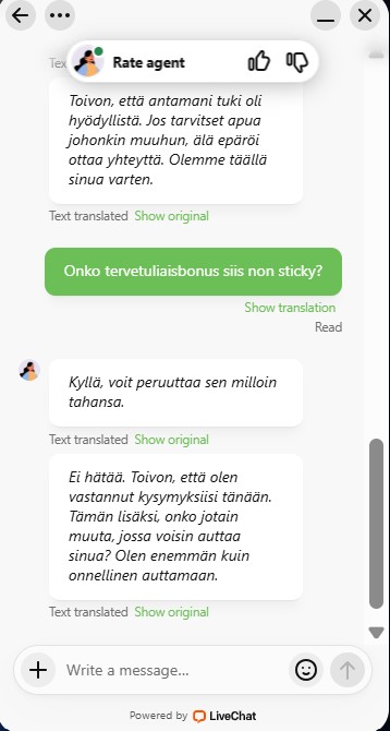 Azurslotin asiakastuen vastaus bonuskysymykseen.