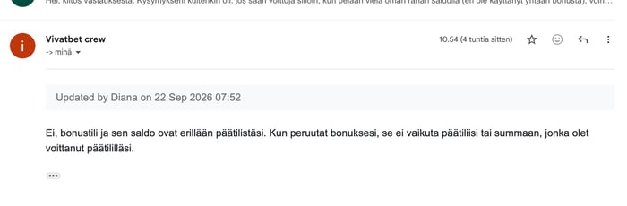 Vivatbetin asiakastuen vastaus sähköpostitse 22. syyskuuta 2026.