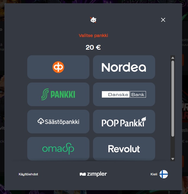 pankki.jpg Ninja Casinon Zimpler-maksusivu, jossa pelaaja valitsee pankkinsa 20 euron talletusta varten.