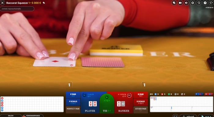 Baccarat Squeeze -peli käynnissä livekasinolla.