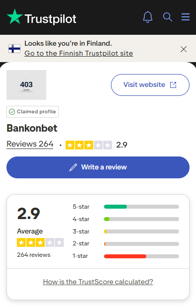 Bankonbet kasinon trustpilot-arvostelujen yhteenveto.