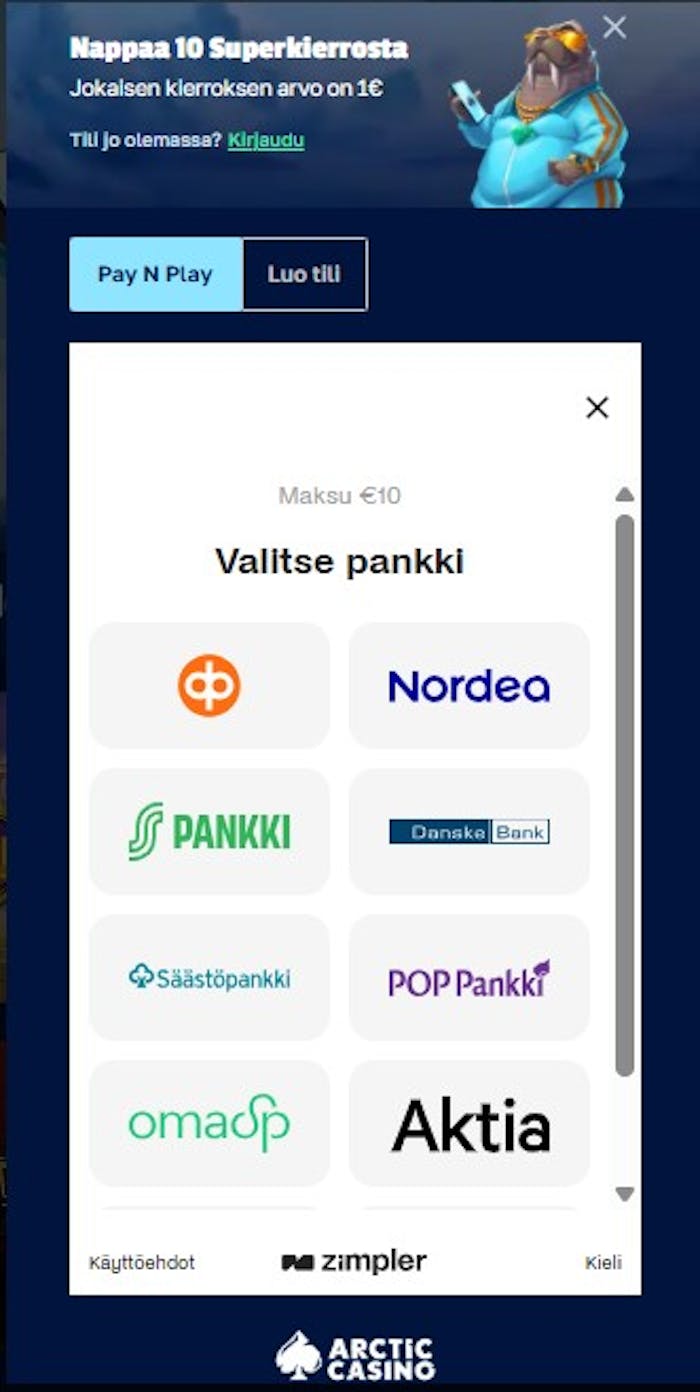 Arctic kasinon tarjoamat pankkivaihtoehdot pikatalletuksessa.