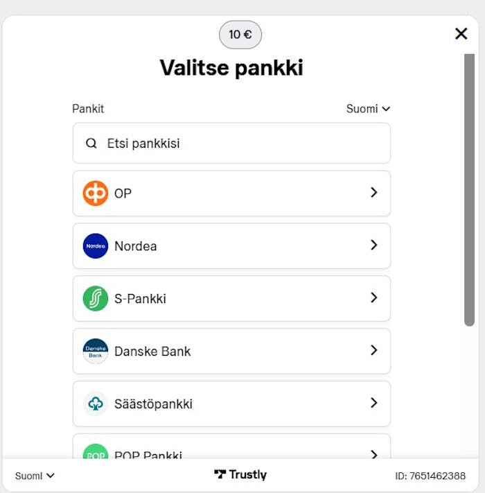 Lataamo kasino tarjoaa Trustlylla pelitiliä avatessa talletukset suomalaisista pankeista.
