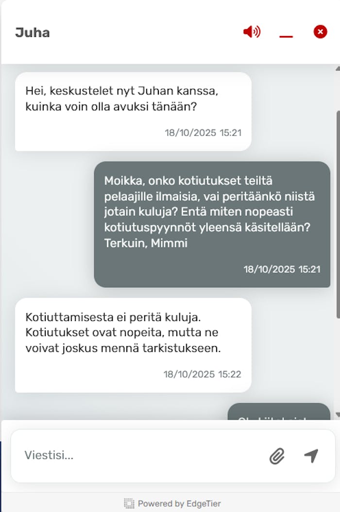 Barz Casinon asiakaspalvelun chat, jossa tiedustellaan kotiutuksien kuluista ja käsittelynopeudesta.