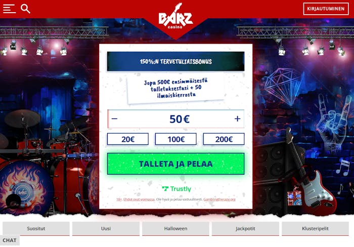 Barz Casinon aula, jossa näkyy tervetuliaistarjous sekä sivuston valikot.