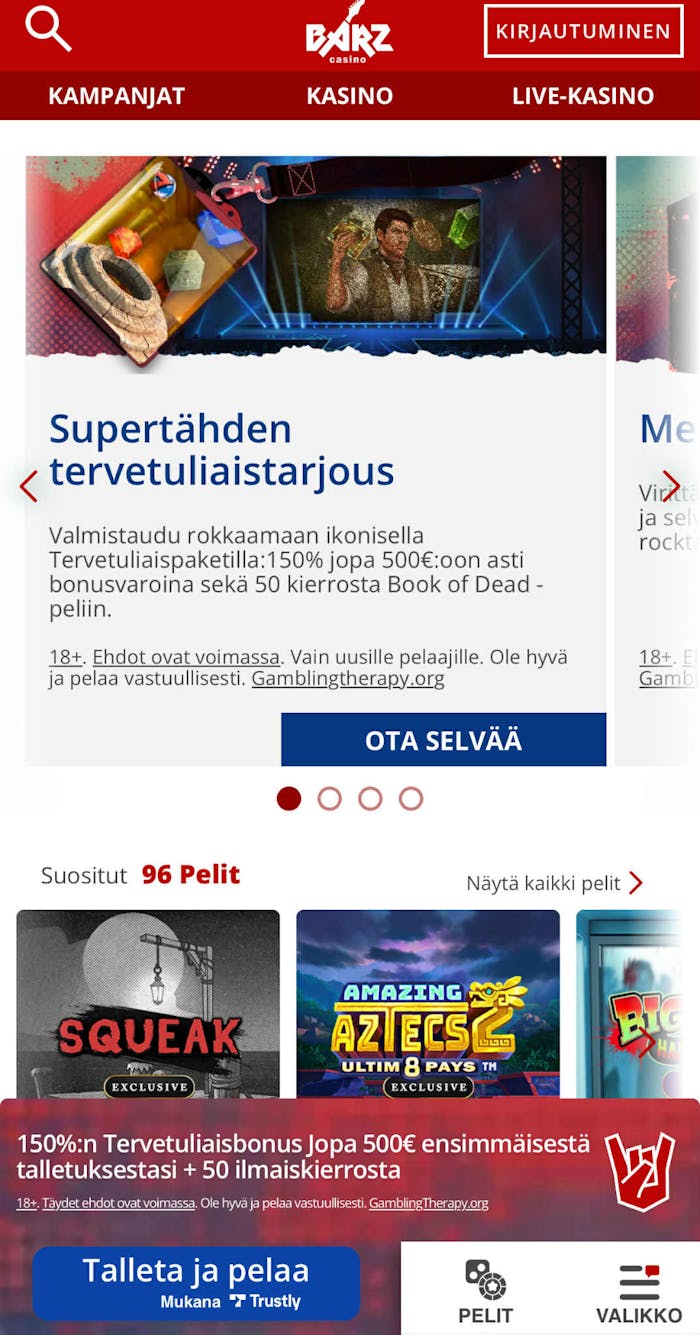 Barz Casinon mobiilinäkymä, jossa näkyy kampanjoita ja suosittuja pelejä. 