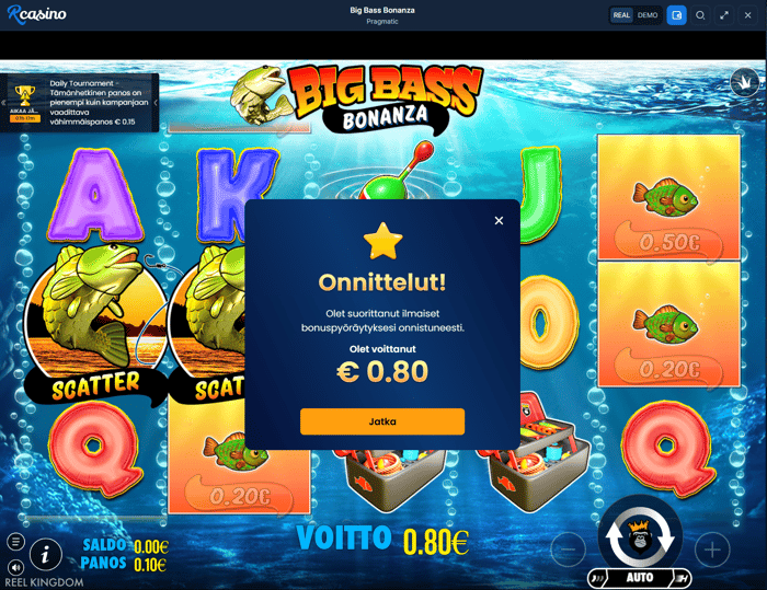 Big Bass Bonanzan 0,80 euron voitto ilmaiskierroksilla.