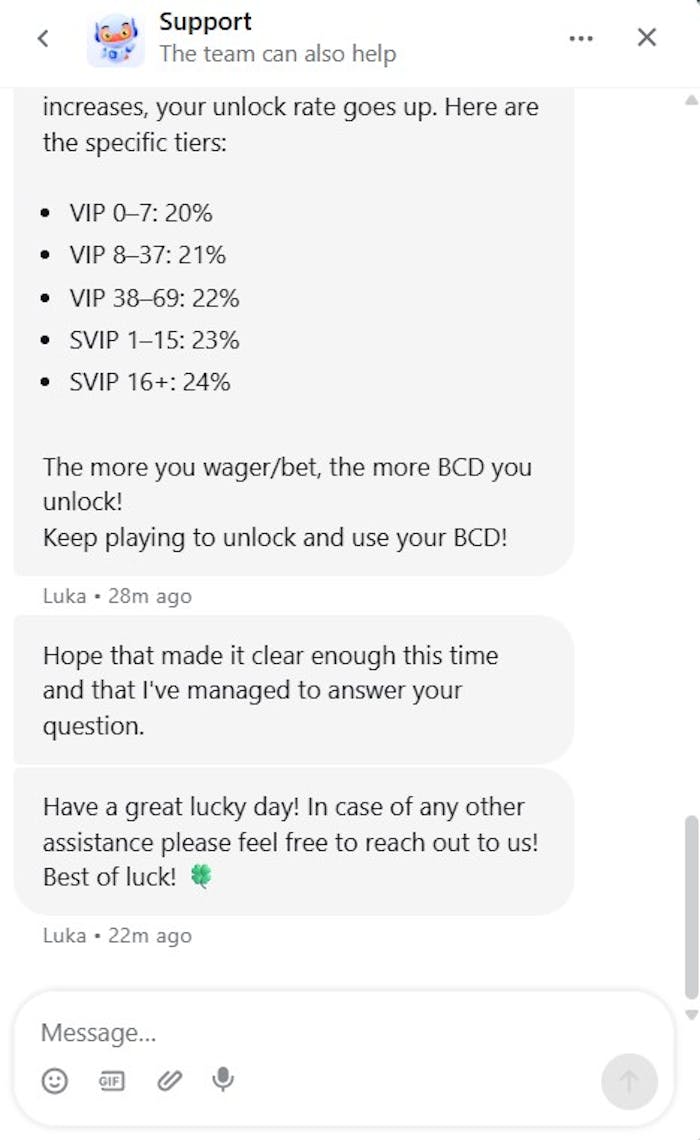 BC.Game kasinon asiakastuki palveli englanniksi.