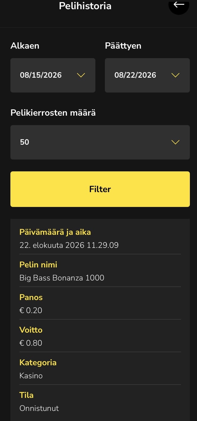 Hurmio-kasinon pelihistoria, jossa näkyy Big Bass Bonanza 1000 -pelin 0,20 euron panos ja 0,80 euron voitto