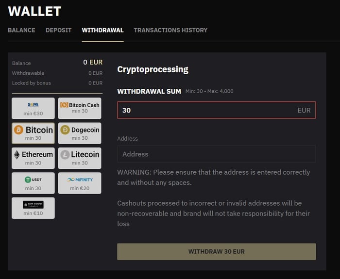 Belabet Casino nosto Bitcoineilla on vähintään 30 euroa.