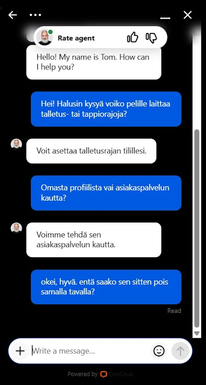 Be On Bet Casino live chat tappio- ja talletusrajojen asettamisesta.