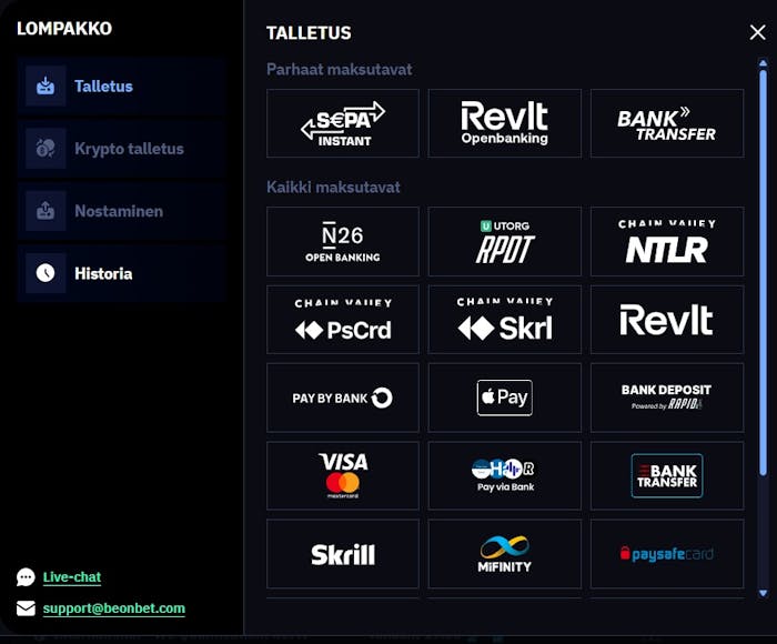 Be On Bet Casino talletus tapahtuu esimerkiksi Visalla, Skrillill? tai Revolutilla.